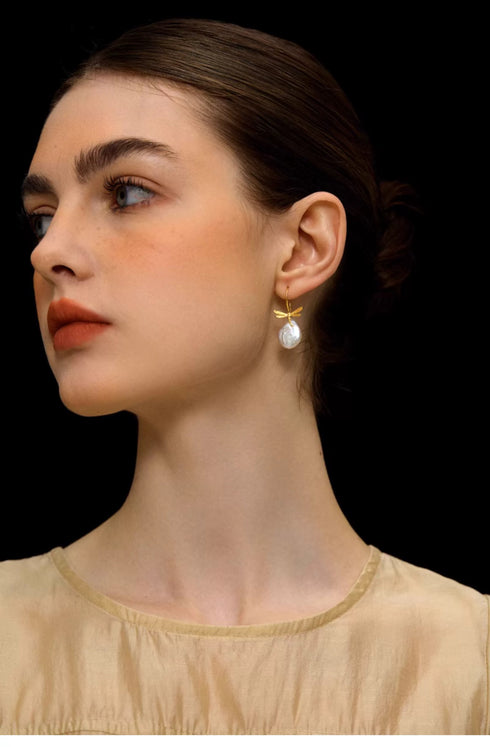 Dragonfly Baroque Pearl Earrings - Gold Vermeil